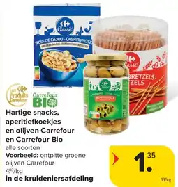 Carrefour Hartige snacks, aperitiefkoekjes en olijven Carrefour en Carrefour Bio aanbieding