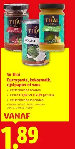 Lidl So Thai Currypasta, kokosmelk, rijstpapier of saus aanbieding