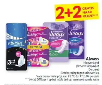 Intermarché Always Inlegverband (Behalve tampax) of Discreet Bescherming tegen urineverlies aanbieding