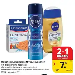 Carrefour Douchegel, deodorant Nivea, Nivea Men en pleisters Hansaplast aanbieding
