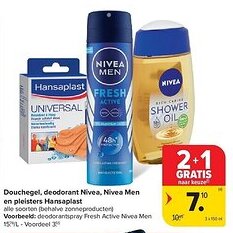 Carrefour Douchegel, deodorant Nivea, Nivea Men en pleisters Hansaplast aanbieding