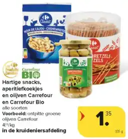 Carrefour Market Hartige snacks, Aperitiefkoekjes en olijven Carrefour en Carrefour Bio aanbieding