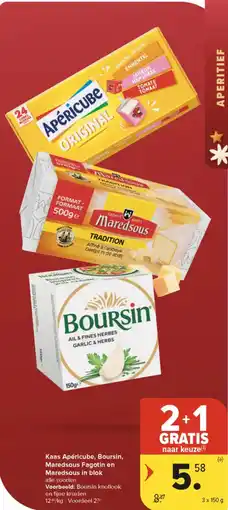 Carrefour Market Kaas Apéricube, Boursin, Maredsous Fagotin en Maredsous in blok aanbieding