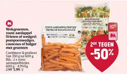 Delhaize Wokgroenten, zoete aardappel (frieten of wedges), pompoenwedges, couscous of bulgur met groenten aanbieding
