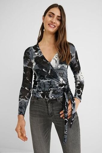 Desigual Gebreid vest met strik en print - BLACK - XS aanbieding