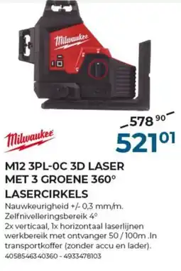 Meno Milwaukee laser met 3 groene 360° lasercirkels M12 3PL-0C 3D aanbieding