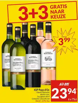 Intermarché IGP Pays d'Oc Charles Rousseau Merlot rood, Sauvignon wit of Grenache-Cinsault rosé aanbieding