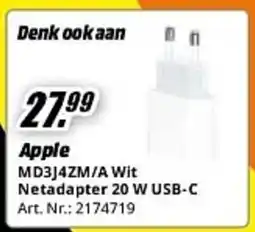 MediaMarkt Apple MD3J4ZM/A Wit Netadapter 20 W USB-C aanbieding