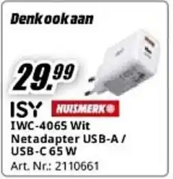 MediaMarkt ISY IWC-4065 Wit Netadapter USB-A/ USB-C 65 W aanbieding