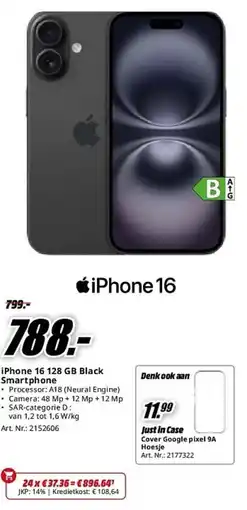 MediaMarkt iPhone 16 128 GB Black Smartphone aanbieding