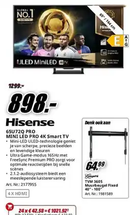 MediaMarkt Hisense 65U72Q PRO MINI LED PRO 4K Smart TV aanbieding
