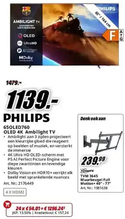 MediaMarkt Philips 650LED760 OLED 4K Ambilight TV aanbieding