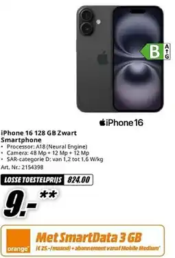 MediaMarkt iPhone 16 128 GB Zwart Smartphone aanbieding