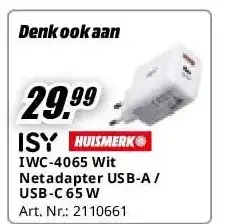 MediaMarkt IWC-4065 Wit Netadapter USB-A / USB-C 65 W aanbieding
