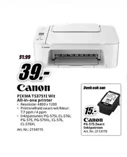 MediaMarkt Canon pixma TS3751I wit all-in-one printer aanbieding