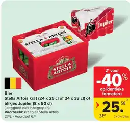 Carrefour Bier Stella Artois krat (24 x 25 cl of 24 x 33 cl) of blikjes Jupiler (8 x 50 cl) aanbieding
