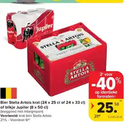 Carrefour Bier Stella Artois krat (24 x 25 cl of 24 x 33 cl) of blikje Jupiler (8 x 50 cl) aanbieding