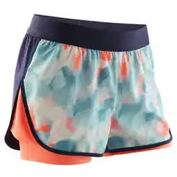 Decathlon 2-in-1 short voor meisjes blauw en koraal print aanbieding