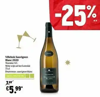 Delhaize Villebois sauvignon blanc 2020 touraine a.c. witte wijn uit het loiredal aanbieding
