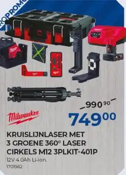 Meno Milwaukee kruislijnlaser met 3 groene 360° laser cirkels m12 3plkit-401p aanbieding