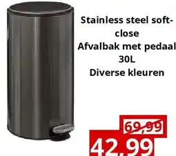 NH Market Stainless steel softclose Afvalbak met pedaal30L Diverse kleuren aanbieding