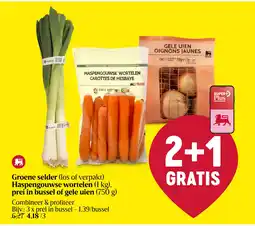 Delhaize Groene selder (los of verpakt) Haspengouwse wortelen (1 kg), prei in bussel of gele uien (750 g) aanbieding