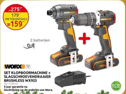 Brico Worx Set Klopboormachine + Slagschroevendraaier Brushless WX925 aanbieding