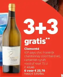 Spar Clomonté IGP pays d’oc Frankrijk chardonnay colombard wit, carbernet-syrah rood of rosé 75 cl aanbieding