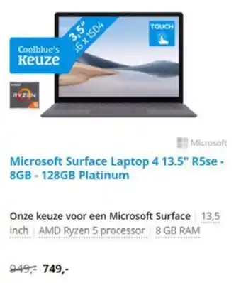 Coolblue Microsoft Surface Laptop 4 13.5" R5se- 8GB - 128GB Platinum aanbieding