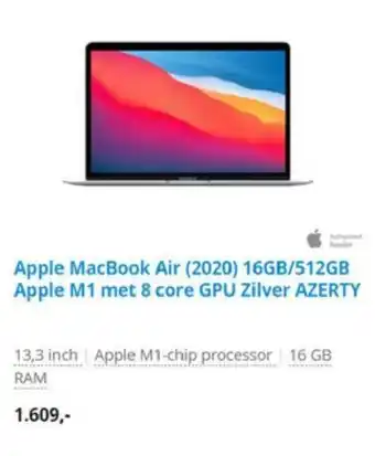Coolblue Apple MacBook Air (2020) 16GB/512GB Apple M1 met 7 core GPU Zilver AZERTY aanbieding