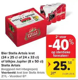 Carrefour Bier Stella Artois krat (24 x 25 cl of 24 x 33 cl) of blikjes Jupiler (8 x 50 cl) Stella Artois aanbieding