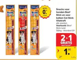 Carrefour Snacks voor honden Beef Stick en voor katten Cat Stick Vitakraft aanbieding