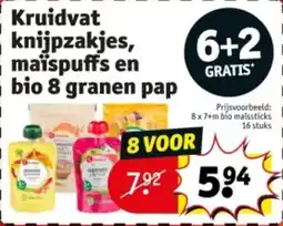 Kruidvat Kruidvat knijpzakjes, maïspuffs en bio 8 granen pap aanbieding