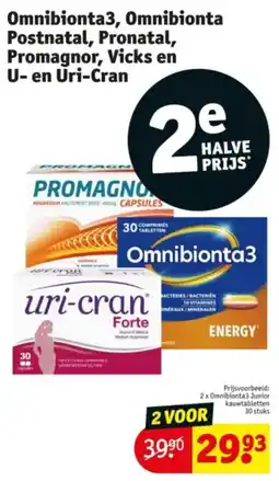 Kruidvat Omnibionta3, Omnibionta Postnatal, Pronatal, Promagnor, Vicks en U-en Uri Cran aanbieding