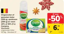 Carrefour Market Ongezouten of gezouten boter, spuitroom en room 20% of 40% Campina aanbieding