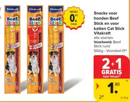 Carrefour Market Snacks voor honden beef stick en voor katten cat stick vitakraft aanbieding