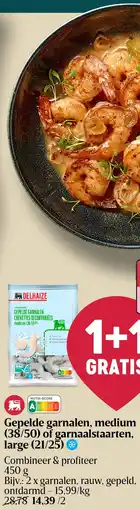 Delhaize Gepelde garnalen, medium (38/50) of garnaalstaarten, large (21/25) aanbieding
