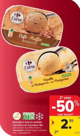 Carrefour Roomijs in bak en sorbets Carrefour en Carrefour Bio aanbieding