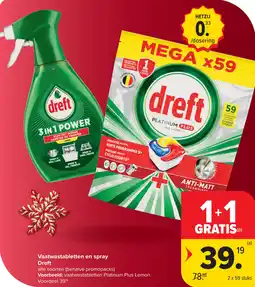 Carrefour Vaatwastabletten en spray Dreft aanbieding