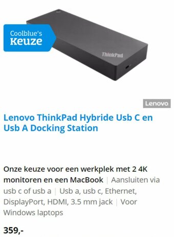 Coolblue Lenovo ThinkPad Hybride Usb C en Usb A Docking Station aanbieding