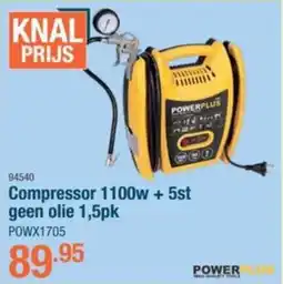 Cevo Compressor 1100w + 5st geen olie 1,5pk POWX1705 aanbieding