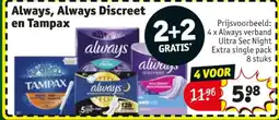 Kruidvat 4 x Always verband Ultra Sec Night Extra single pack 8 stuks aanbieding