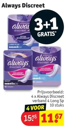 Kruidvat 4 x Always Discreet verband 4 Long Sp 10 stuks aanbieding
