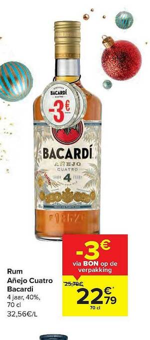 Carrefour Rum Añejo Cuatro Bacardi aanbieding