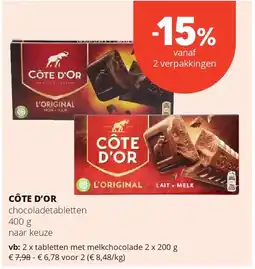 Spar CÔTE D’OR tabletten met melkchocolade 2 x 200 g aanbieding