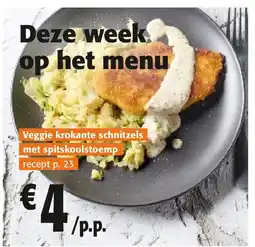 Colruyt Veggie krokante schnitzels met spitskoolstoemp recept p. 23 aanbieding