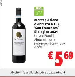 Colruyt Montepulciano d’Abruzzo D.O.C. ‘San Francesco’ Biologico 2024 aanbieding