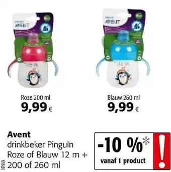 Colruyt Avent drinkbeker pinguïn roze of blauw 12 m + aanbieding