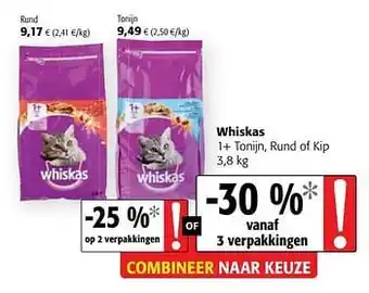 Colruyt Whiskas 1+ tonijn, rund of kip aanbieding