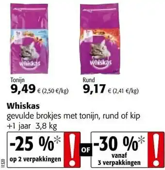 Colruyt Whiskas gevulde brokjes met tonijn, rund of kip aanbieding